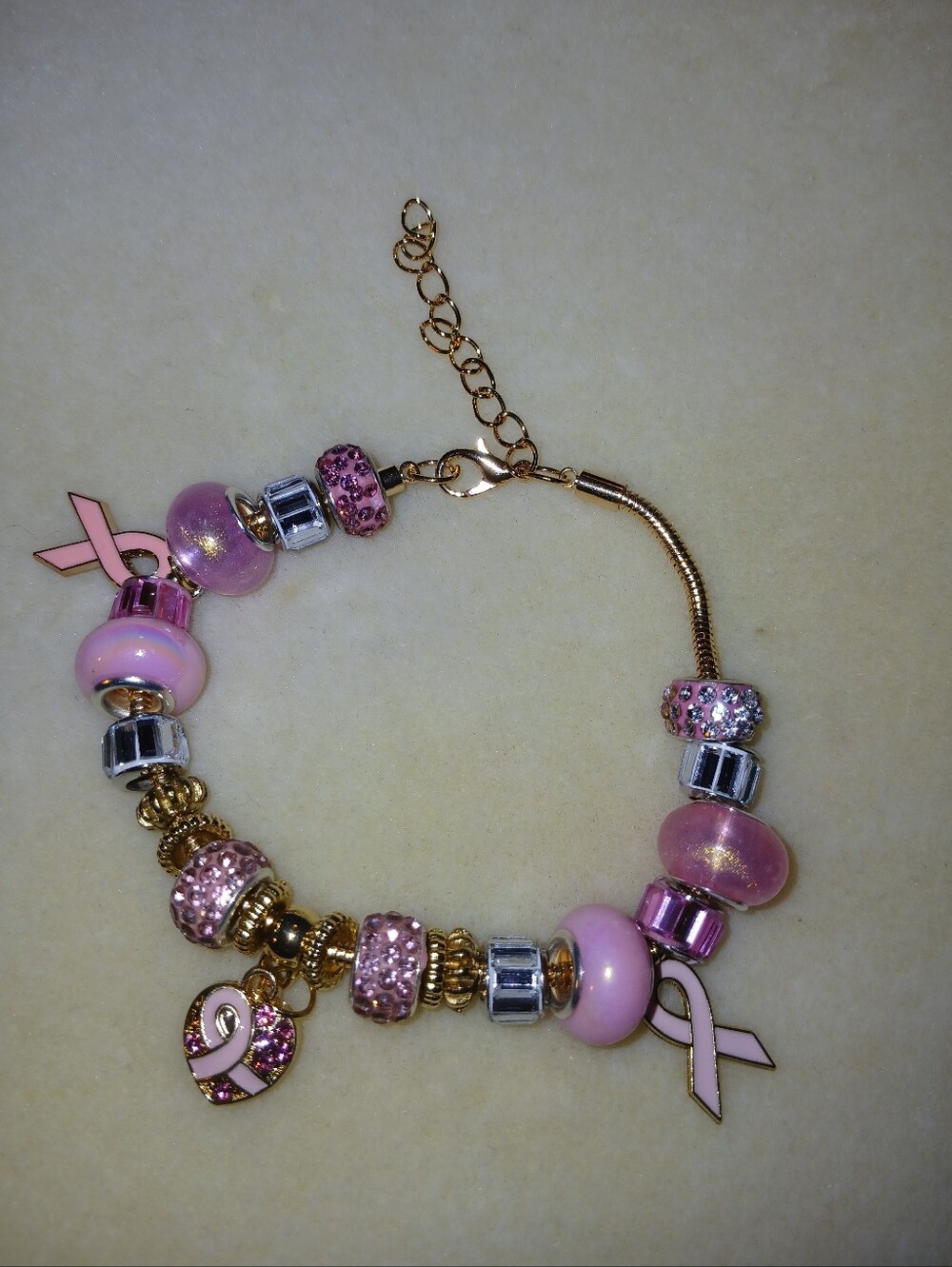 NWT Handcrafted Pink Ribbon Charm Beaded Bracelet - Breast Cancer Awareness.